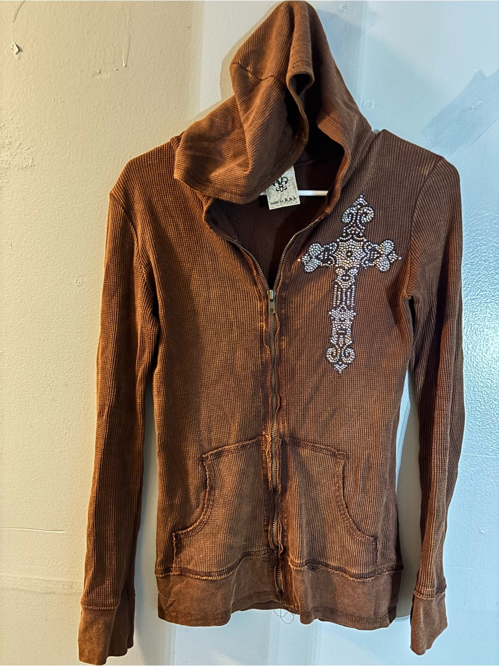 Vocal Brown Hooded Zip Jacket with Rhinestone Cross